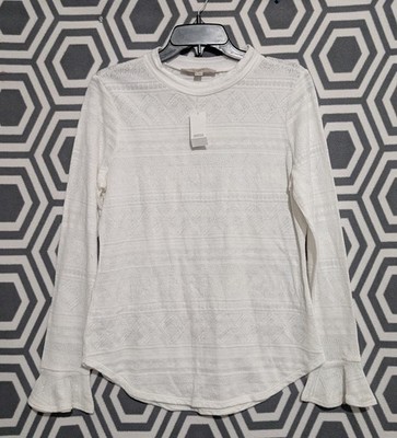 Loft White Long Sleeve Transparent Knit Top Bell Sleeve Ends Size M (A15)
