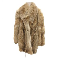 Vintage White Yellow Fox Fur Long Coat Hook Closure 2 Pockets Size L No Brand