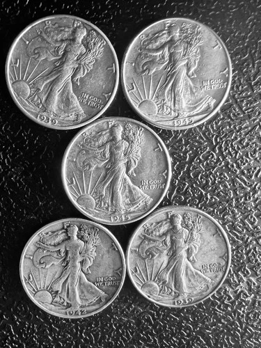 Lot Of 5 Walking Liberty Half Dollars Circulated To AU Condition 90% Silver