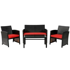 Patiojoy 4PCS Patio Rattan Furniture Set Red Cushioned Sofa Chair Coffee Table