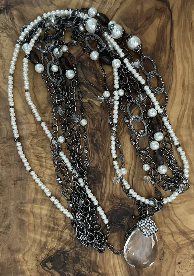 Collar con cuentas de vidrio imitación perla metal pistola larga colgante de cristal Premier Designs Foto 2 de 4