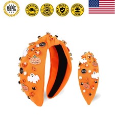 Halloween Knotted Headbands for Women Boo Pumpkin Rhinestone