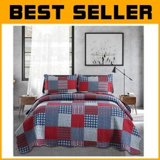 Red Blue Patchwork King Quilt Set with 2 Pillow Shams