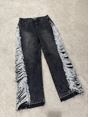 Black Wash Heavily Distressed Baggy Jeans Stolen Arts Y2K Streetwear Size 34