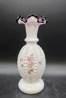 Vintage Fenton Rose Inlay Milk Glass Beaded Melon Vase Hand Painted Signed 9"