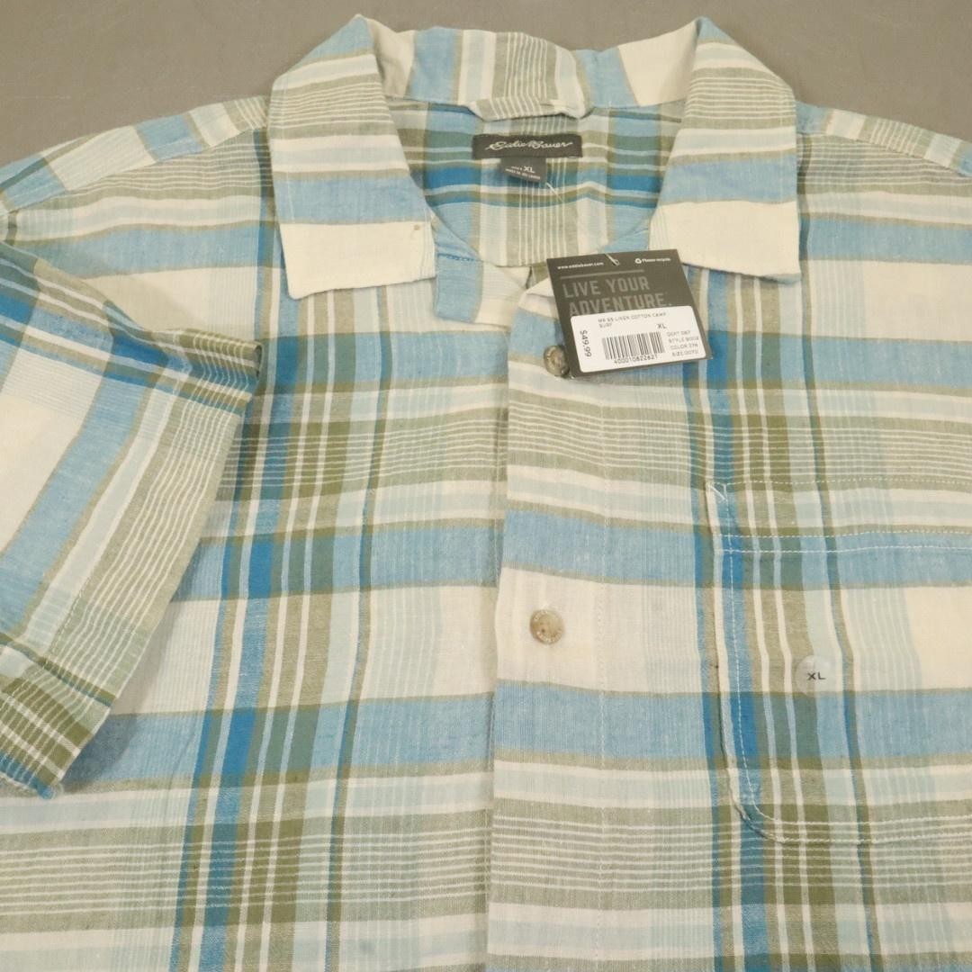 New Eddie Bauer Linen Cotton Camp Shirt Mens XL Blue Plaid Short Sleeve Casual