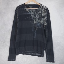 DKNY Jeans Sweater Mens Large Striped Graphic Eagle Crewneck Affliction Style