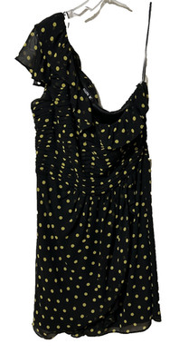 Allen B Schwartz Dress Black Yellow Dots One Shoulder Lined Pleated Womens 10