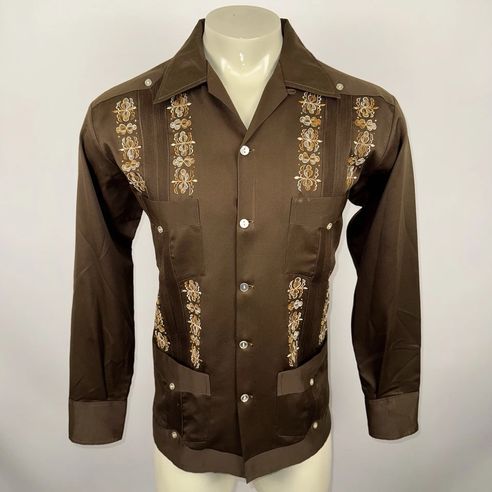 Vtg 60s 70s Guayabera Shirt Loop Collar Polyester Wedding Disco Medium Mens 40 - Image 2 of 4