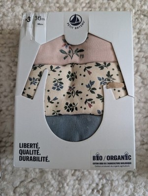 Petit Bateau 36m 3T flower Longsleeve bodysuit 3 Pack BNIB