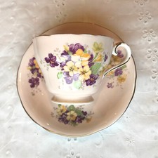 Vintage Aynsley Teacup & Saucer Set Blush Pink Violets Primulas Made in England