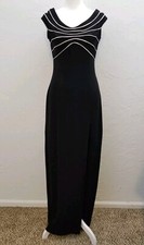 TADASHI SIZE 4 BLACK UNLINED LONG EVENING GOWN DRESS FORMAL SLIT WHITE TRIM