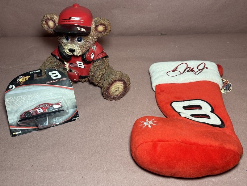 Dale Earnhardt Jr Ceramic Bear, Stocking, and Toy Car. 