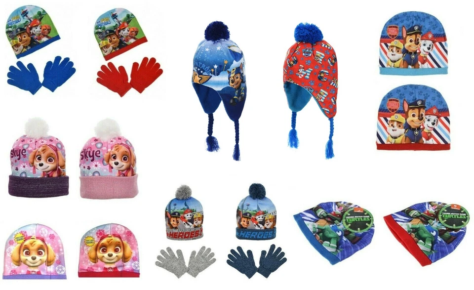 Jungen Mädchen Paw Patrol Ninja Turtles Pudelmütze & Handschuhe Beanie Und PV