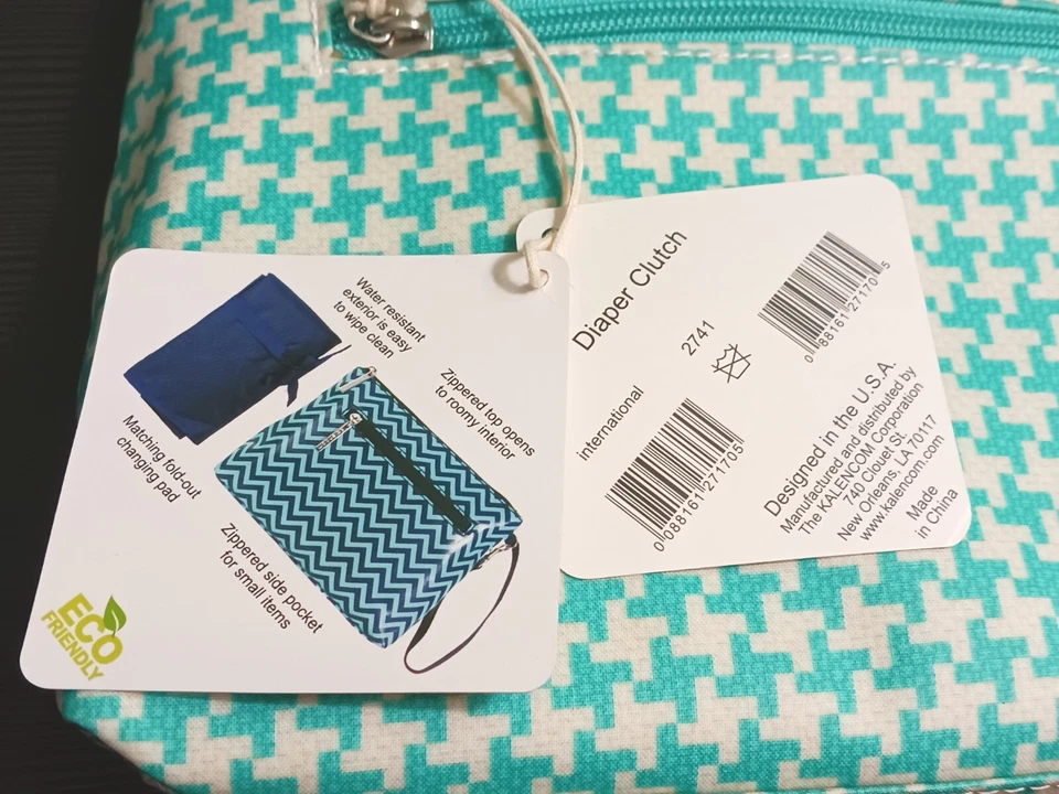 Kalencom Diaper Bag/Clutch w Changing Pad Eco-Friendly Turquoise Houndstooth NWT - Image 3 of 4