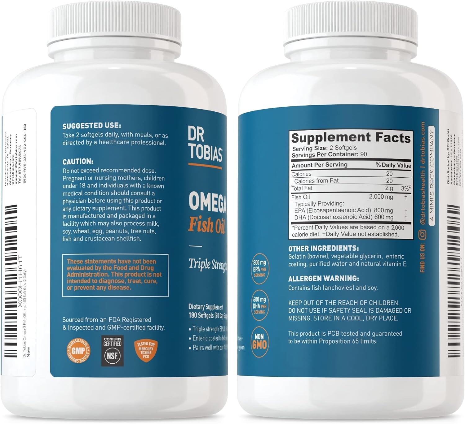 Dr. Tobias Omega 3 Fish Oil, 2000mg Triple Strength Omega 3 Supplement 180 Count
