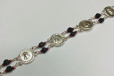 Sterling Silver Genuine Azabache & Coral Catholic Saints 11mm Medal 8'' Bracelet