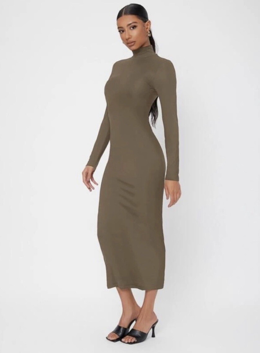 dark green long sleeve midi dress H&M Olive Green Long Sleeve Mock Neck Midi Dress