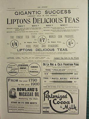 1900 VICTORIAN PRINT ~ ADVERTISEMENT LIPTONS TEA ~ ROWLANDS MACASSAR OIL COCOA
