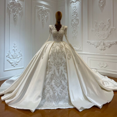 Luxury Satin Long Sleeves Wedding Dresses V Neck Beaded O Back Bridal Gowns