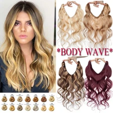 BODY WAVE Wire In Remy Human Hair Extensions Hidden Band Thick Bundle NO CLIP US