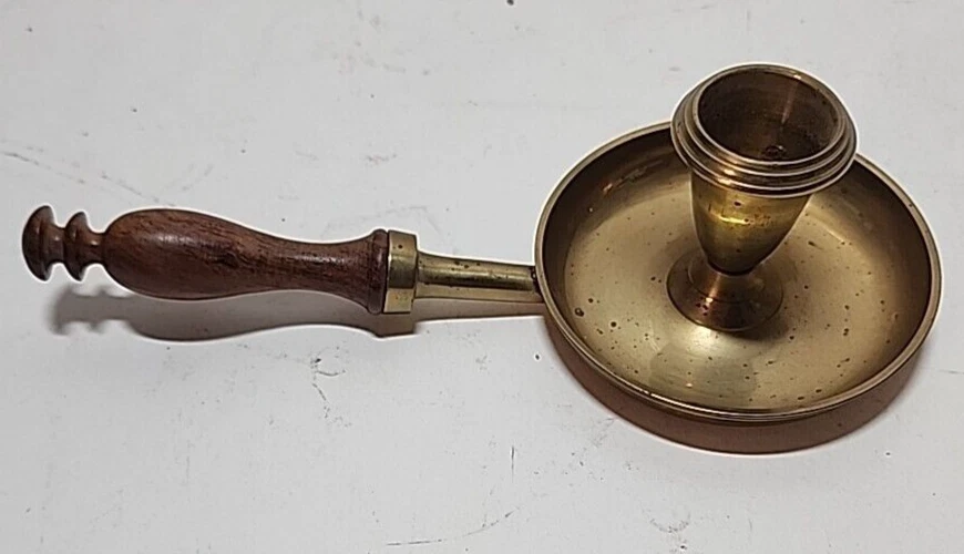 Vintage Antique Style Wood Handle Brass Chamberstick Candle Holder Made In India - Image 3 of 4