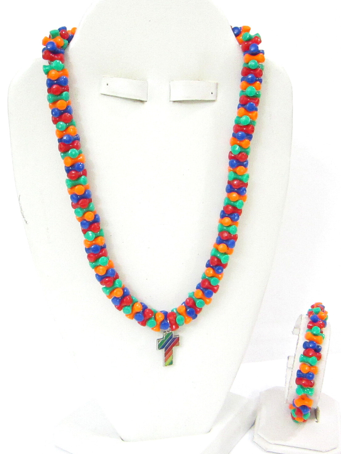 NEW--MULTI-COLOR WITH MULTI-COLOR RELIGIOUS CROSS  2 PIECE CHILD'S JEWELRY SET