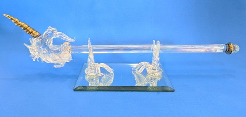 Hand Blown Clear Glass Magic Wand w Unicorn Head on Mirrored Stand 15" Long - Picture 2 of 11