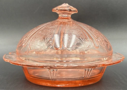 Vintage Jeannette Cherry Blossom Pink Depression Glass Butter Dish w/ Dome Lid