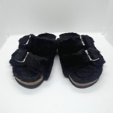 Women's Fuzzy Plush Slippers Double Buckle Slides Arch Support Cork Footbed Sz.6