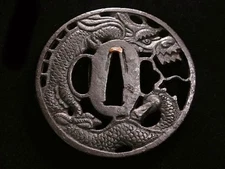 Japan antique Edo era echizen school dragon Tsuba iron Box sword katana 