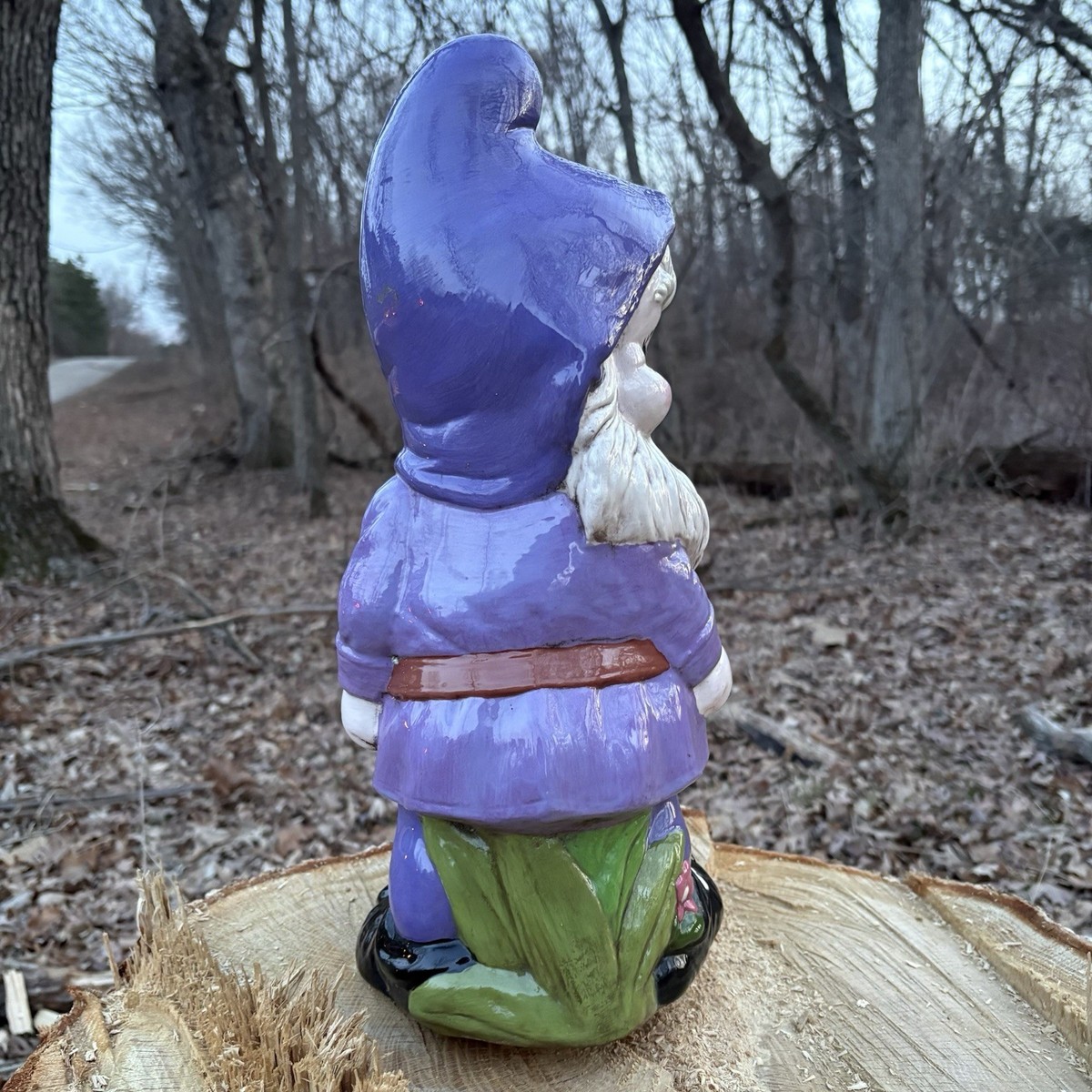 Large Vintage 17” Purple Ceramic Garden Gnome Wheelbarrow With