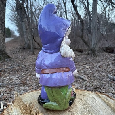 Large Vintage 17” Purple Ceramic Garden Gnome Wheelbarrow With