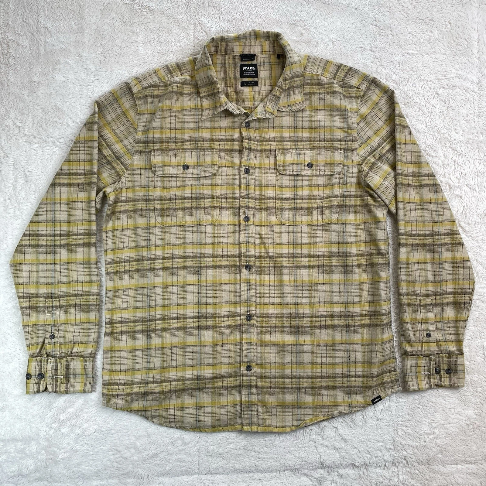 prAna Shirt Mens L Yellow Plaid Flannel Long Sleeve Hiking Outdoor