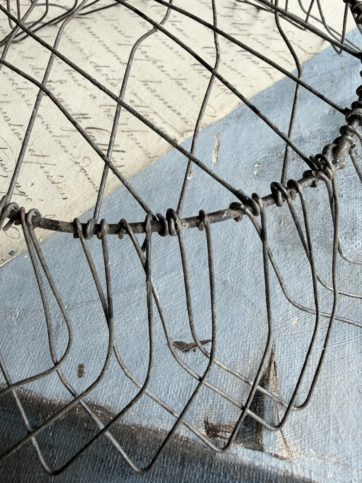 Antique French Twisted Wire Trivet And Wire Gathering Basket Bowl Lot image 12