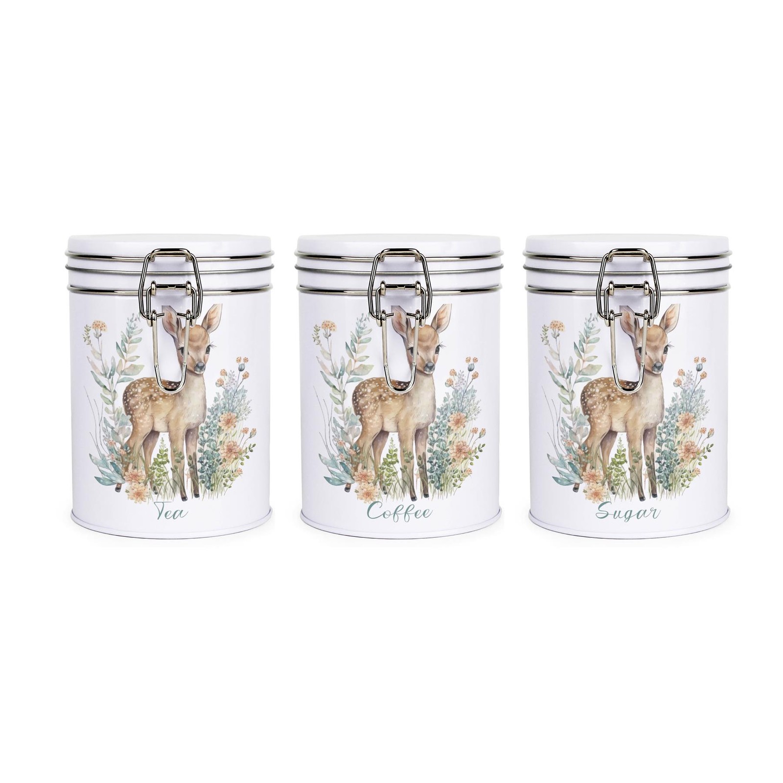 Floral Baby Deer Tea Coffee Sugar Canisters - White Metal Clip-Lid Storage Gift