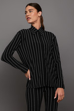 $115 NORMA KAMALI NK Shirt w/ Collar long-sleeve top - black / white pinstripe S