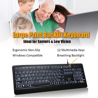 Backlit Large Bold Print Keyboard-104 Key 12Multimedia Key for Senior&Low Vision