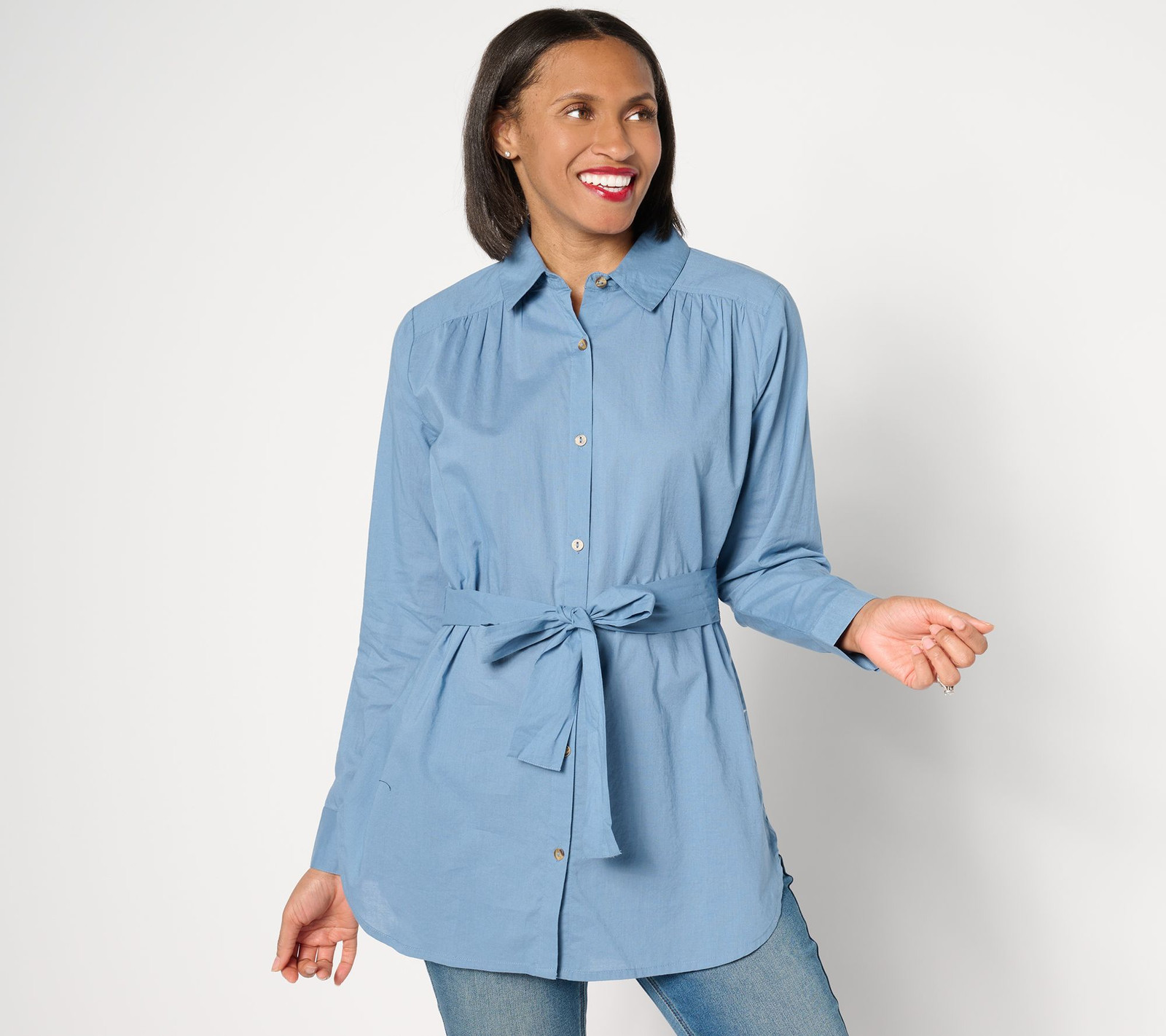 Anybody Women's Top Sz M Regular Long Sleeve Button Front Woven Tunic Blue