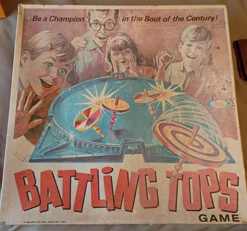 BATTLING TOPS VINTAGE 1968 IDEAL FAMILY BOARD GAME - 6 TOPS, 4 PULLERS & 5 PEGS