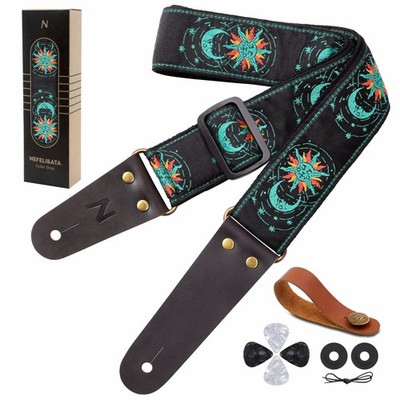 Guitar Strap, Sun & Moon Embroidery Guitar Straps with Head Cowhide Leather Ends