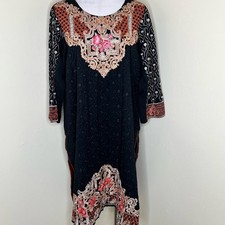 Handmade Embroidered Kurta Tunic Indian Pakistan Ethnic Floral Round Neck Black