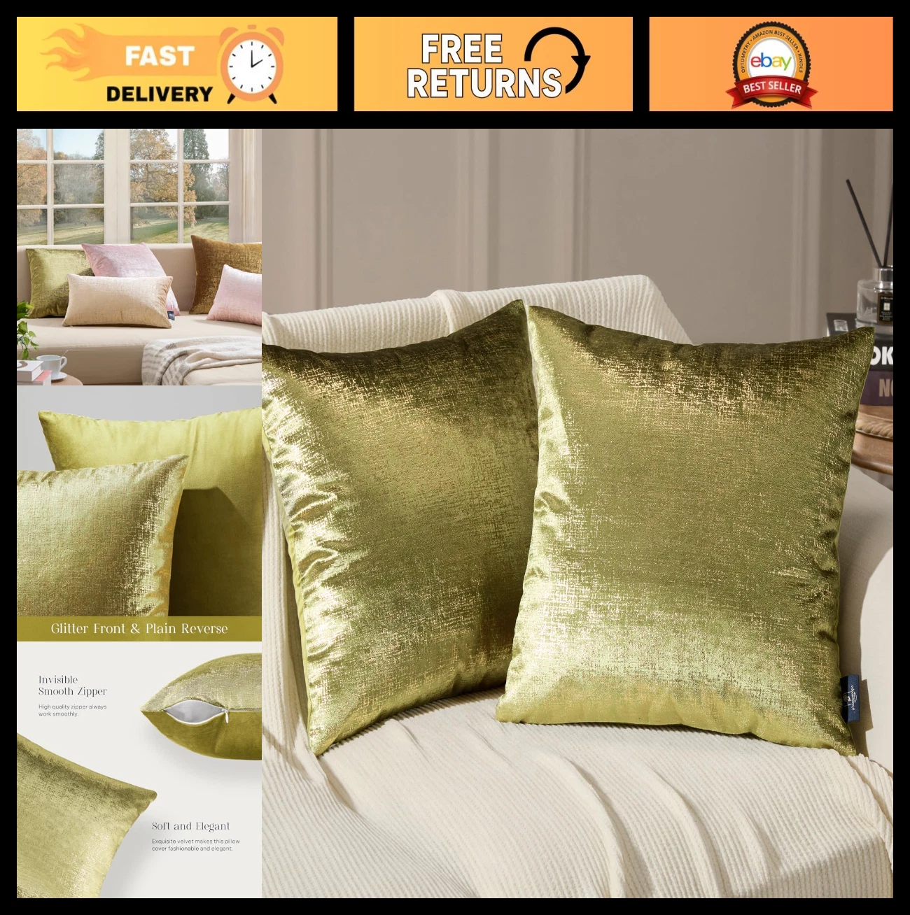 Pack of 2 Sparkling Velvet Throw Pillow Covers - Soft Gold Glitter, 18"x18" Gree