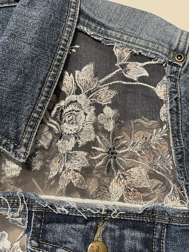 Christopher Banks Custom Lace Grey Roses Sheer See Thru Blue Denim Jacket XL - Picture 3 of 5