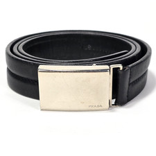 PRADA Black Calf Skin Leather Belt Size 36, Military Style Polished Steel Buckle