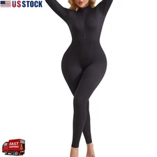 US STOCK Women's Long Sleeve Ribbed Jumpsuit Zip up Front Workout Bodycon Romper
