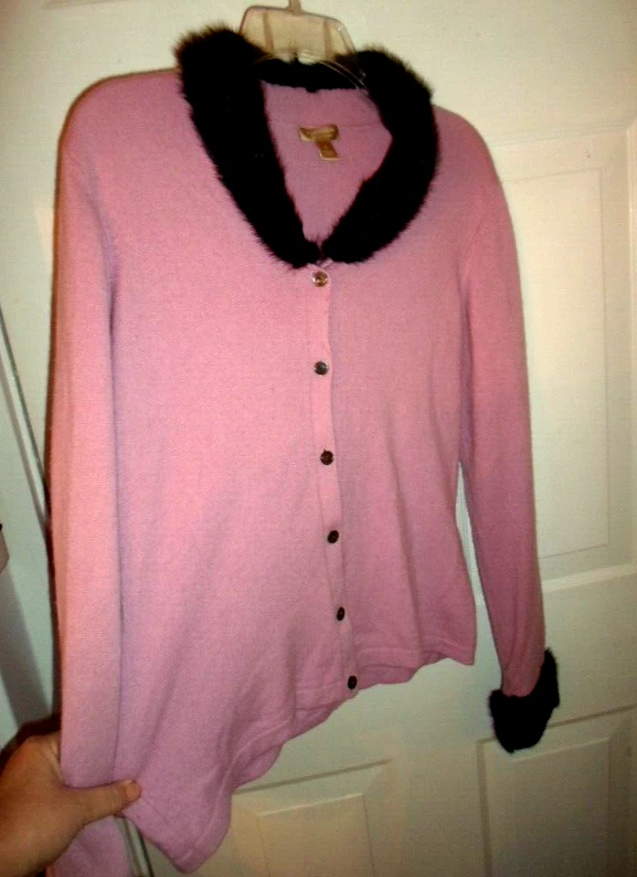 Nordstrom розовый 100% кашемир кардиган свитер с подлинный норковый воротник и манжеты MED - Изображение 3 из 4