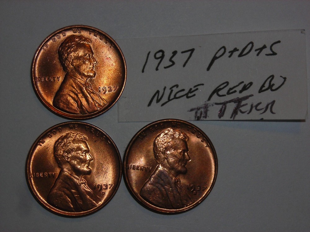 wheat penny 1937-P,1937-D,1937-S RED BU SET 1937,1937D,1937S UNC LINCOLN CENT #1