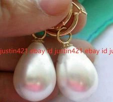 12x16mm Drip White South Sea Shell Pearl Gold Dangle Earrings AAA
