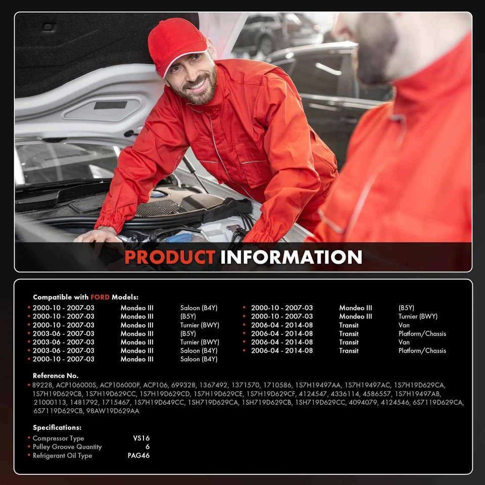 Compresor de aire acondicionado con polea de 6 ranuras para Ford Mondeo 2000-2007 Transit 2006-2014 Foto 2 de 4